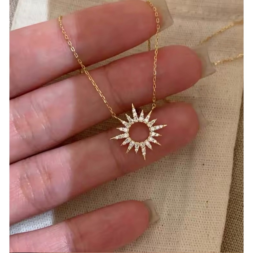 Gold Sunburst Pendant Necklace Celestial Starburst Pave Crystal Sun Jewelry